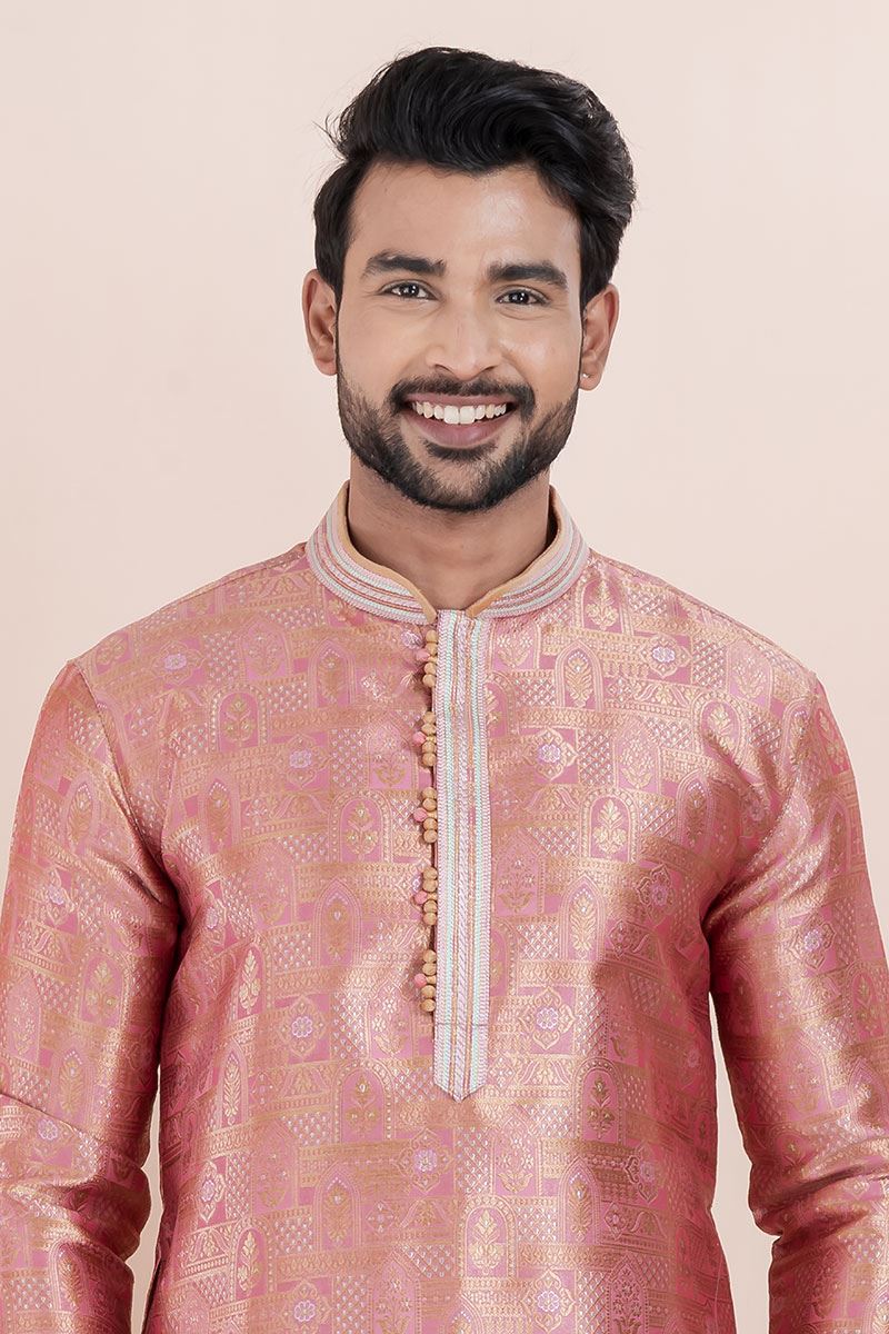 Classy Peach Designer Men’s Kurta for Engagement, Reception, Festival, Sangeet, and Party