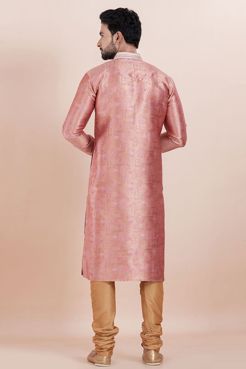 Classy Peach Designer Men’s Kurta for Engagement, Reception, Festival, Sangeet, and Party
