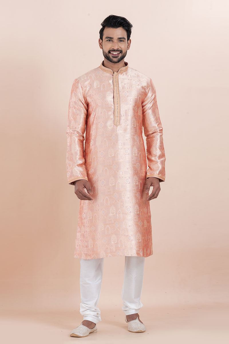 Charming Coral Designer Men’s Kurta for Engagement, Reception, Festival, Sangeet, and Party