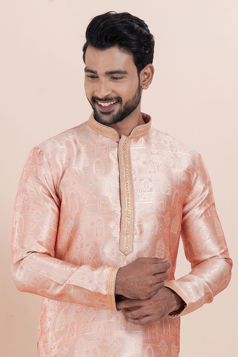 Charming Coral Designer Men’s Kurta for Engagement, Reception, Festival, Sangeet, and Party
