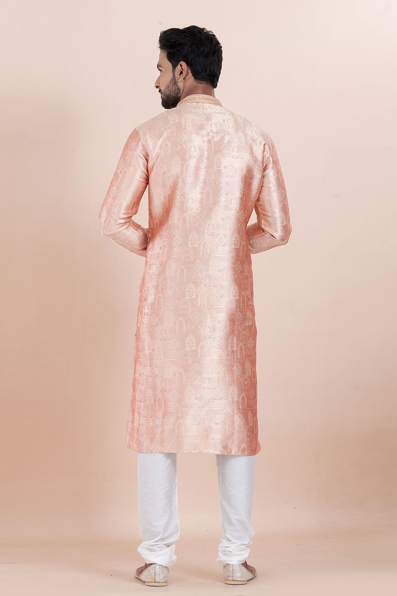 Charming Coral Designer Men’s Kurta for Engagement, Reception, Festival, Sangeet, and Party