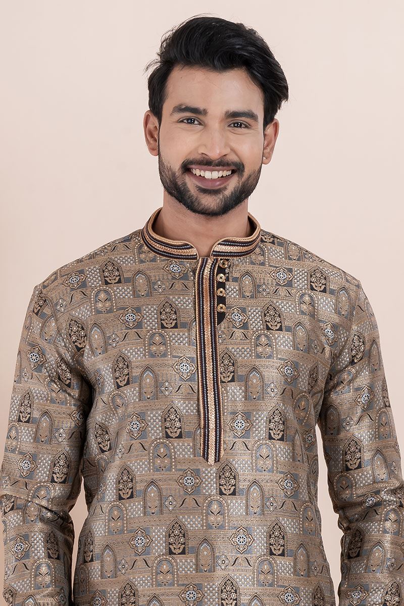 Exquisite Beige Designer Men’s Kurta for Party and Sangeet
