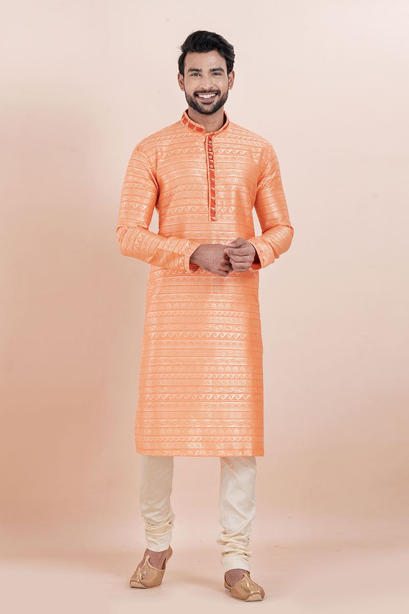 Delightful Orange Designer Men’s Kurta for Engagement, Reception, Festival, Sangeet, and Party