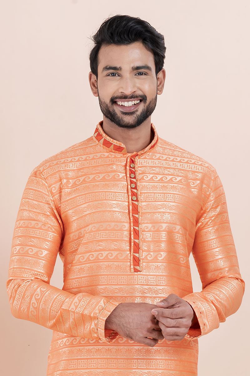 Delightful Orange Designer Men’s Kurta for Engagement, Reception, Festival, Sangeet, and Party