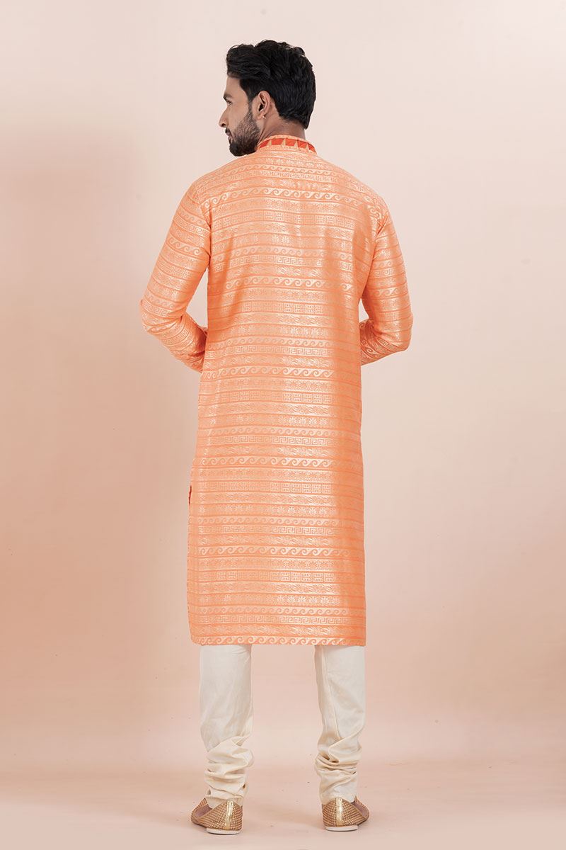 Delightful Orange Designer Men’s Kurta for Engagement, Reception, Festival, Sangeet, and Party
