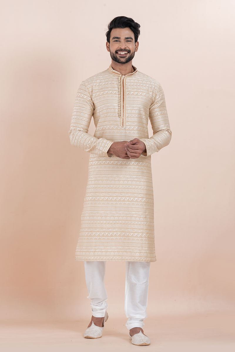 Impressive Cream Designer Men’s Kurta for Engagement, Reception, Festival, Sangeet, and Party