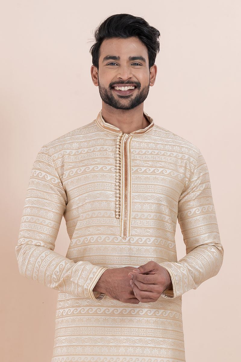 Impressive Cream Designer Men’s Kurta for Engagement, Reception, Festival, Sangeet, and Party