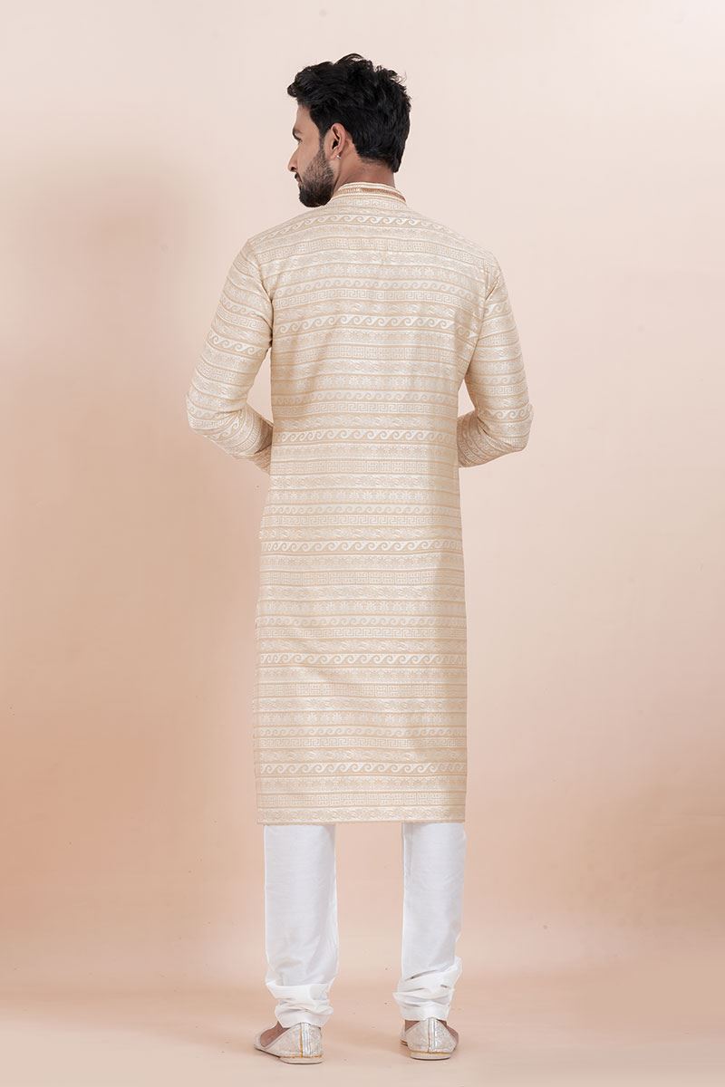 Impressive Cream Designer Men’s Kurta for Engagement, Reception, Festival, Sangeet, and Party