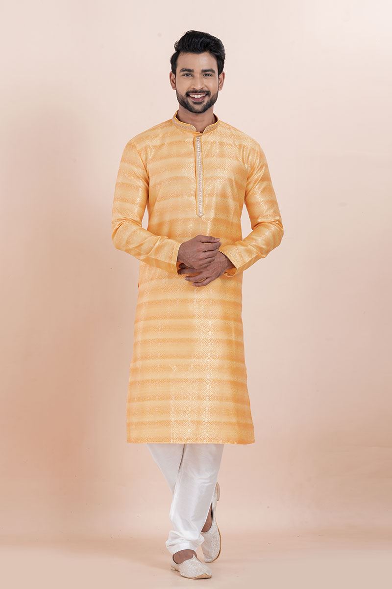 Splendid Orange Designer Men’s Kurta for Engagement, Reception, Festivals, Sangeet, and Party