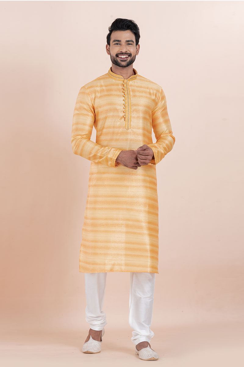 Enticing Orange Designer Men’s Kurta for Engagement, Reception, Festivals, Sangeet, and Party