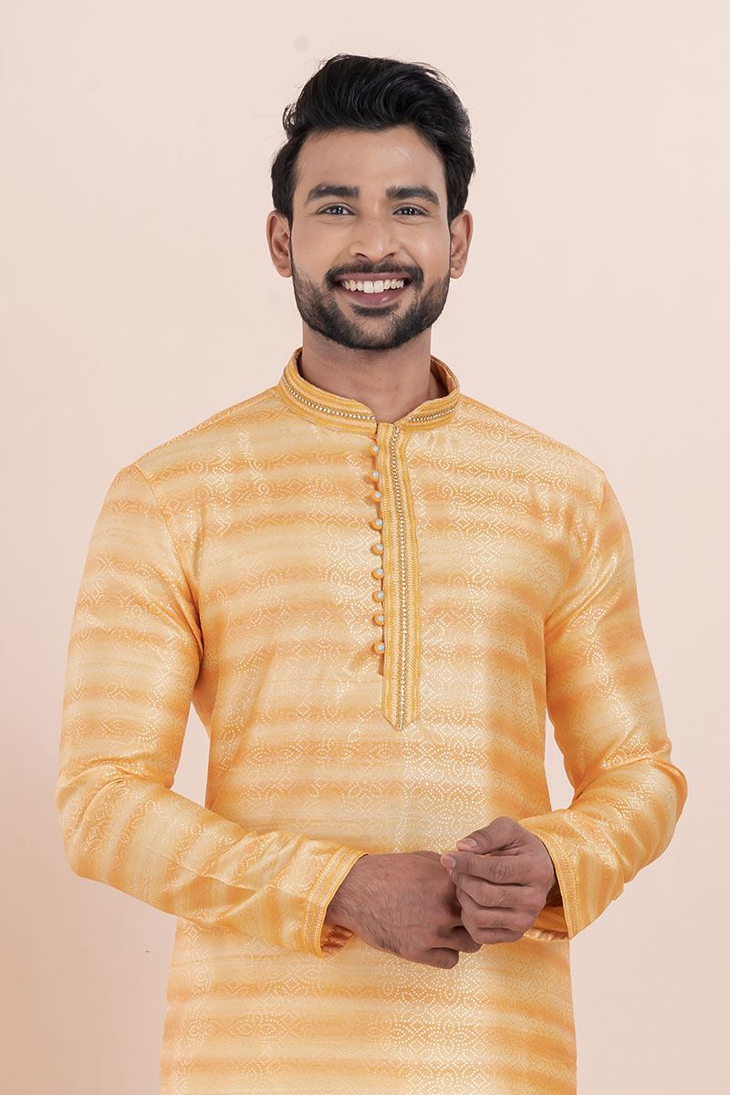 Enticing Orange Designer Men’s Kurta for Engagement, Reception, Festivals, Sangeet, and Party