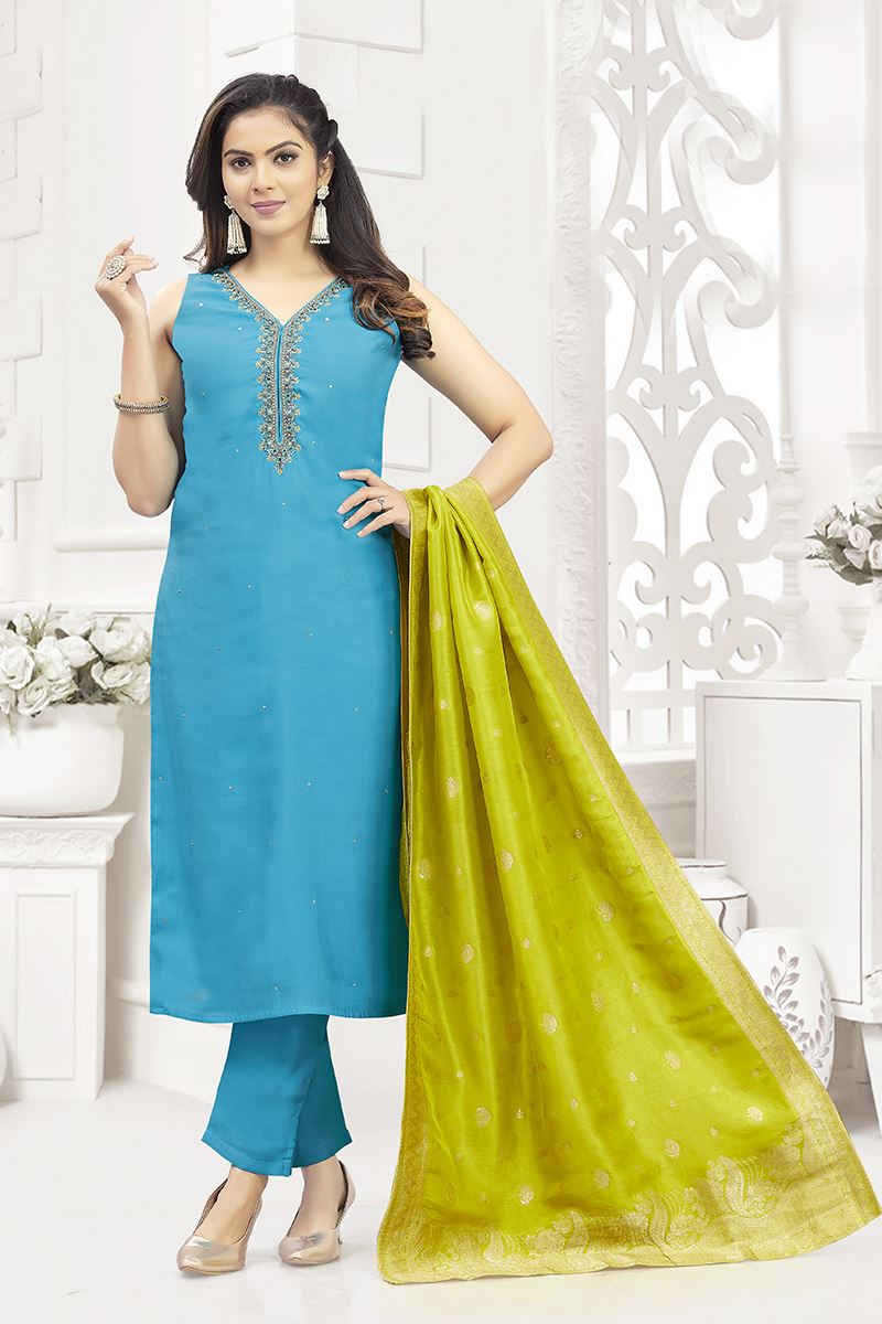 Irresistible Sky Blue Designer Straight Cut Suit for Festivals, Sangeet, and Parties