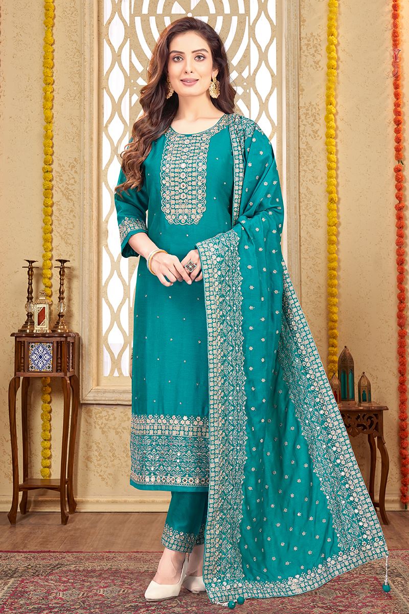 Delightful Aqua Designer Straight Cut Suit for Wedding, Reception, Festivals, Sangeet, and Parties