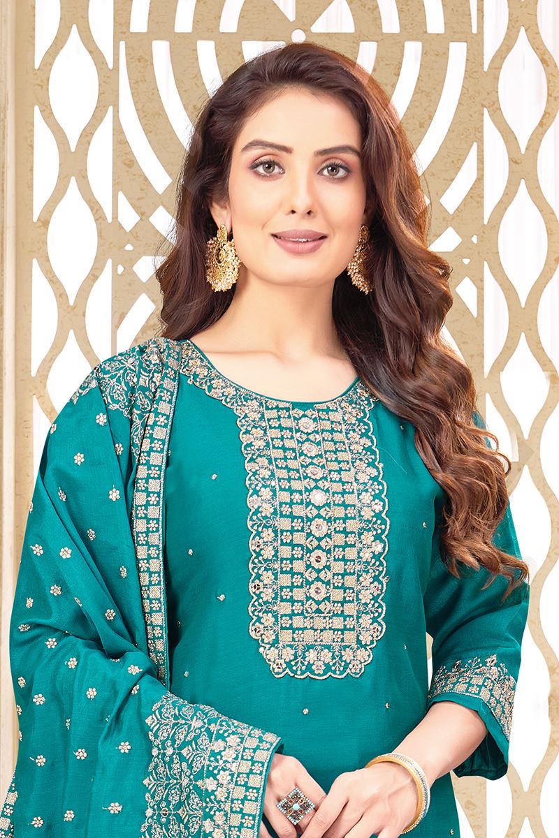 Delightful Aqua Designer Straight Cut Suit for Wedding, Reception, Festivals, Sangeet, and Parties