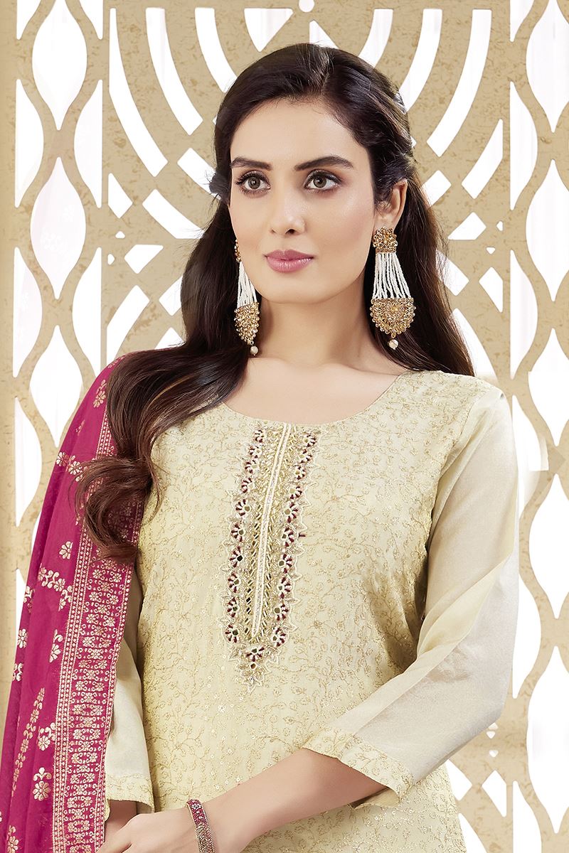 Charming Off-White Designer Straight Cut Suit for Wedding, Reception, Festivals, Sangeet, and Parties