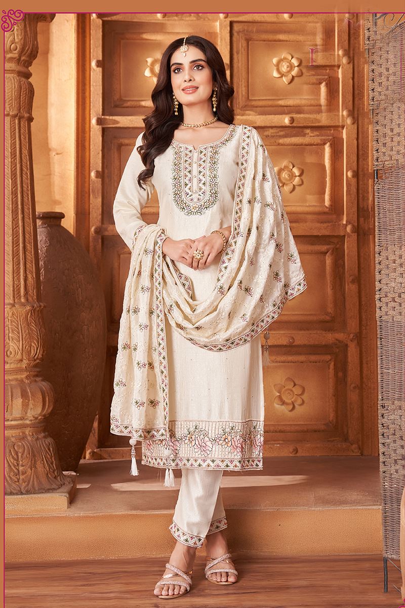 Alluring Cream Designer Straight Cut Suit for Festivals, Sangeet, and Parties