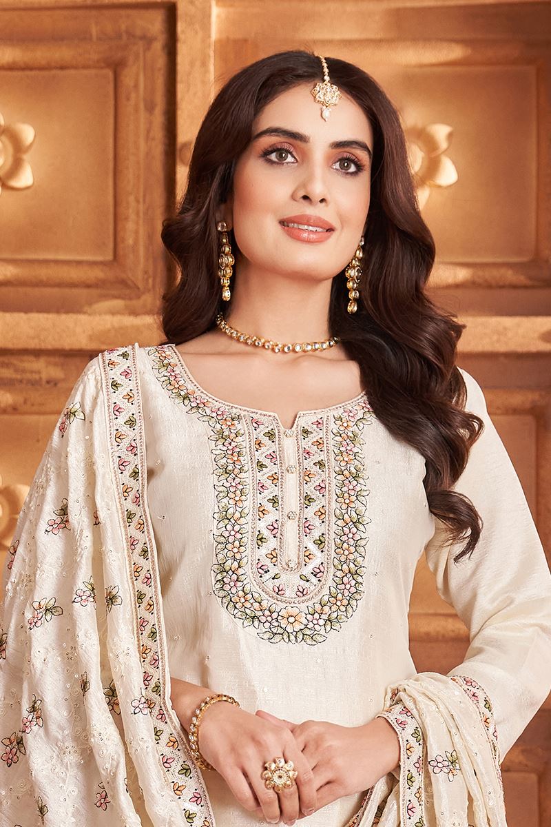 Alluring Cream Designer Straight Cut Suit for Festivals, Sangeet, and Parties