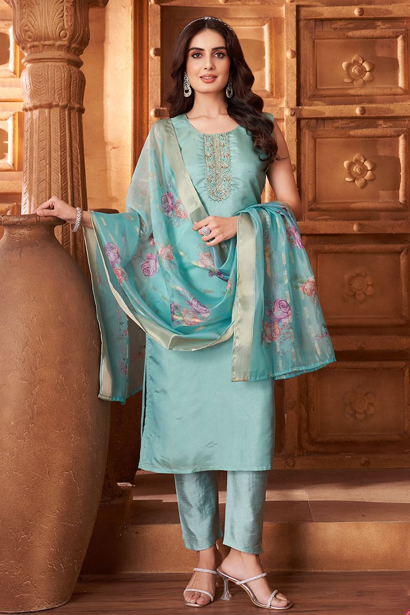 Exuberant Aqua Blue Designer Straight Cut Suit for Engagement, Festivals, Sangeet, and Parties