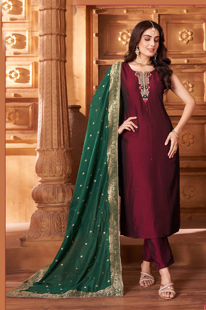 Marvelous Maroon Designer Straight Cut Suit for Wedding, Reception, Festivals, Sangeet, and Parties