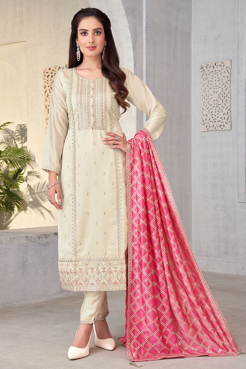 Trendy Off-White Designer Straight Cut Suit for Reception, Festivals, Sangeet, and Parties