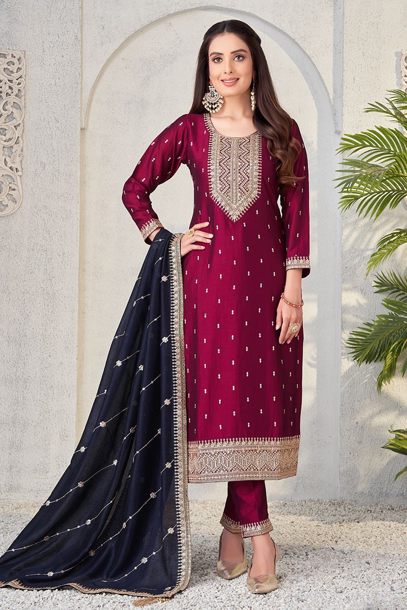 Appealing Maroon Designer Straight Cut Suit for Wedding, Reception, Festivals, Sangeet, and Parties