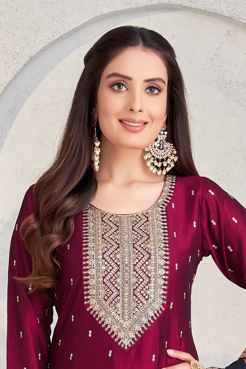Appealing Maroon Designer Straight Cut Suit for Wedding, Reception, Festivals, Sangeet, and Parties