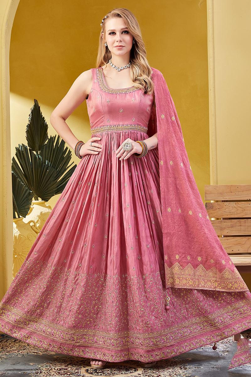 Ethnic Pink Silk Designer Anarkali Suit for Engagement, Festivals, Sangeet, and Parties