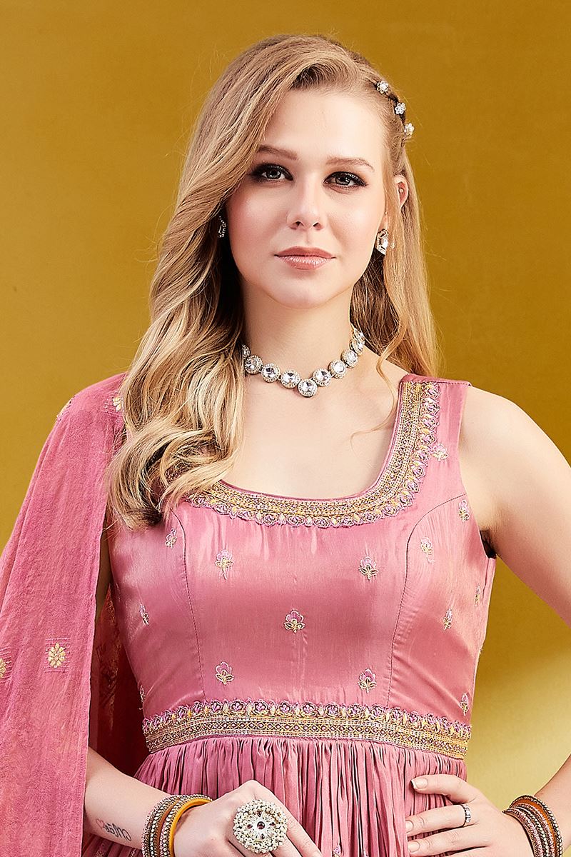 Ethnic Pink Silk Designer Anarkali Suit for Engagement, Festivals, Sangeet, and Parties