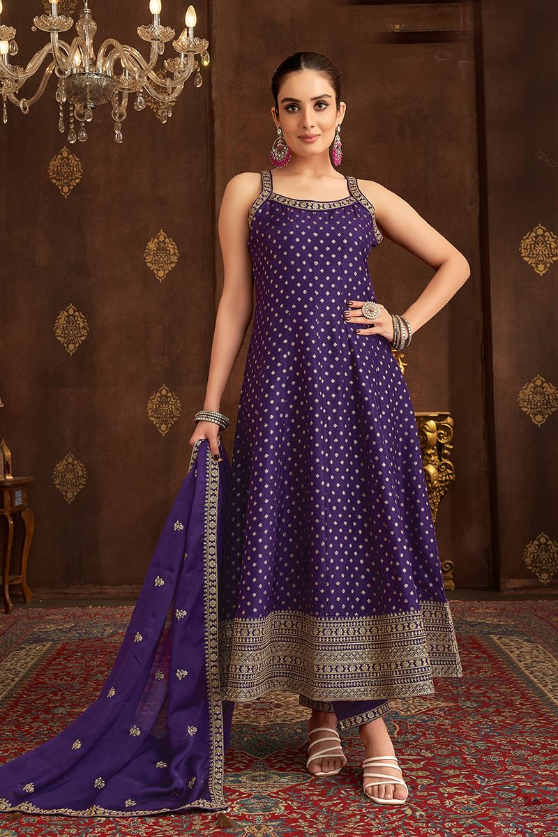 Splendid Dark Blue Silk Designer Anarkali Suit for Engagement, Wedding, Reception, Festivals, Sangeet, and Parties