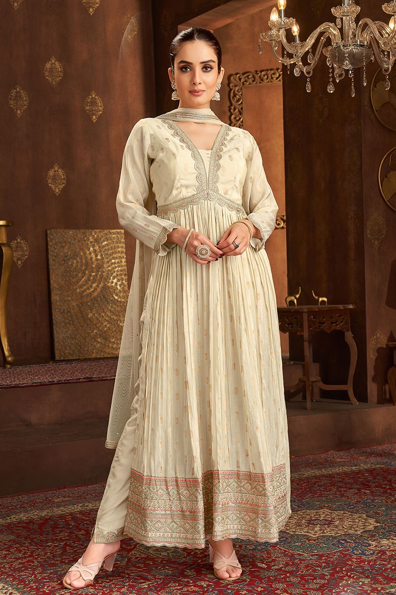 Outstanding Cream Designer Straight Cut Suit for Engagement, Reception, Festivals, Sangeet, and Parties