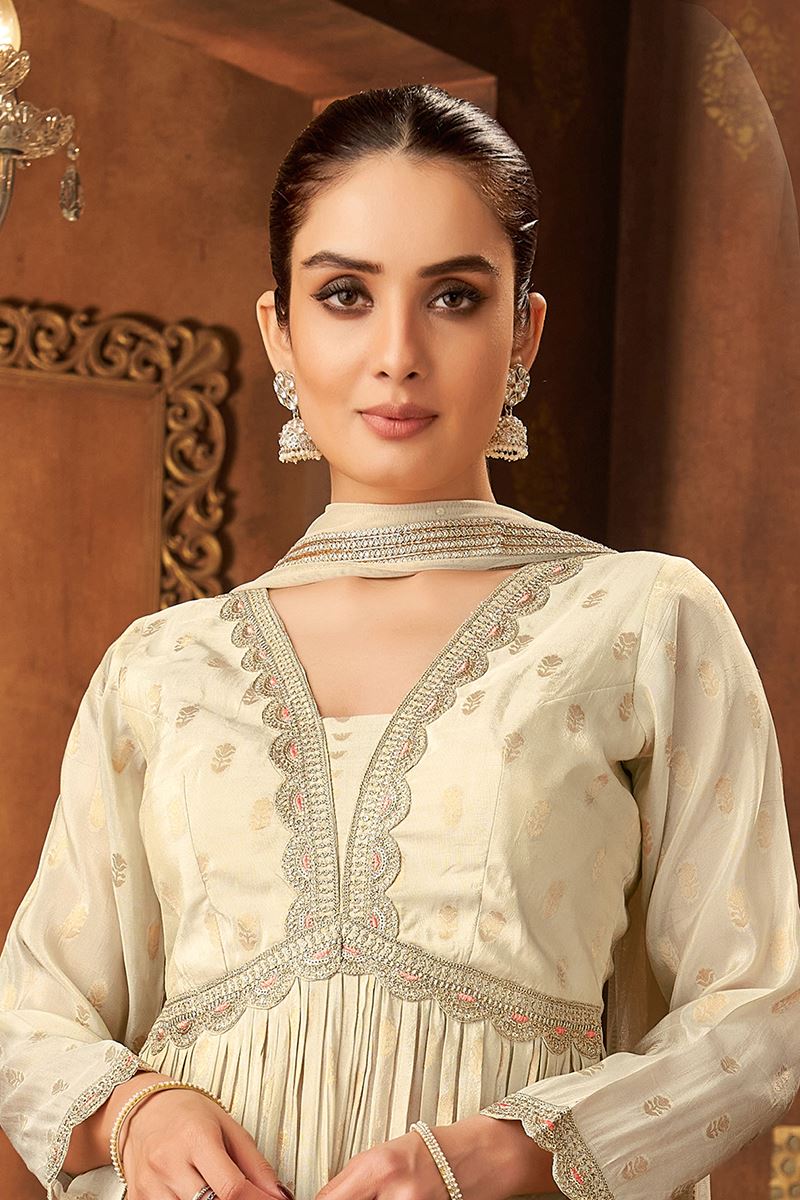 Outstanding Cream Designer Straight Cut Suit for Engagement, Reception, Festivals, Sangeet, and Parties