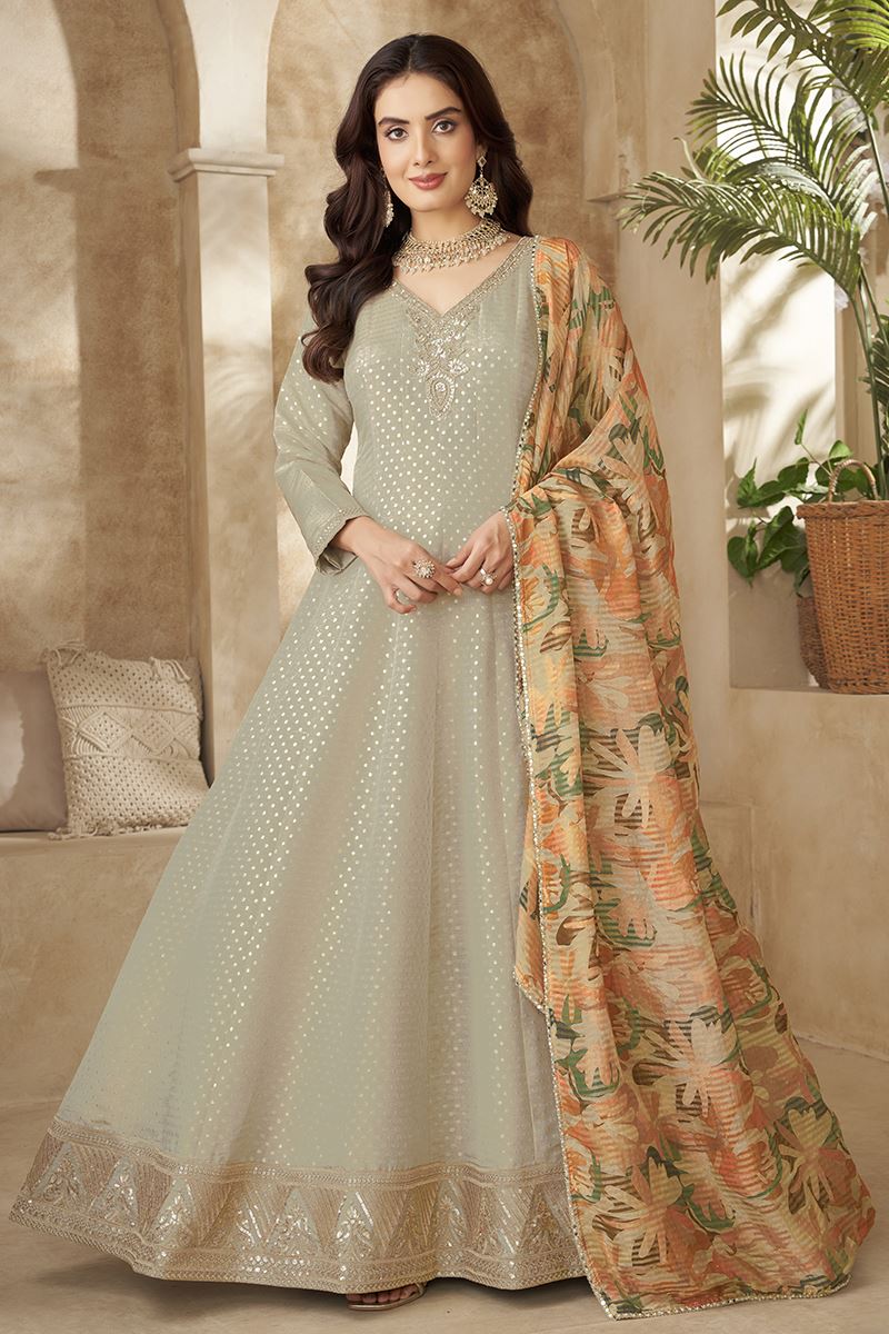 Bollywood Grey Silk Designer Anarkali Suit for Engagement, Reception, Festivals, Sangeet, and Parties