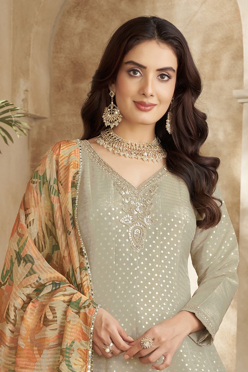 Bollywood Grey Silk Designer Anarkali Suit for Engagement, Reception, Festivals, Sangeet, and Parties