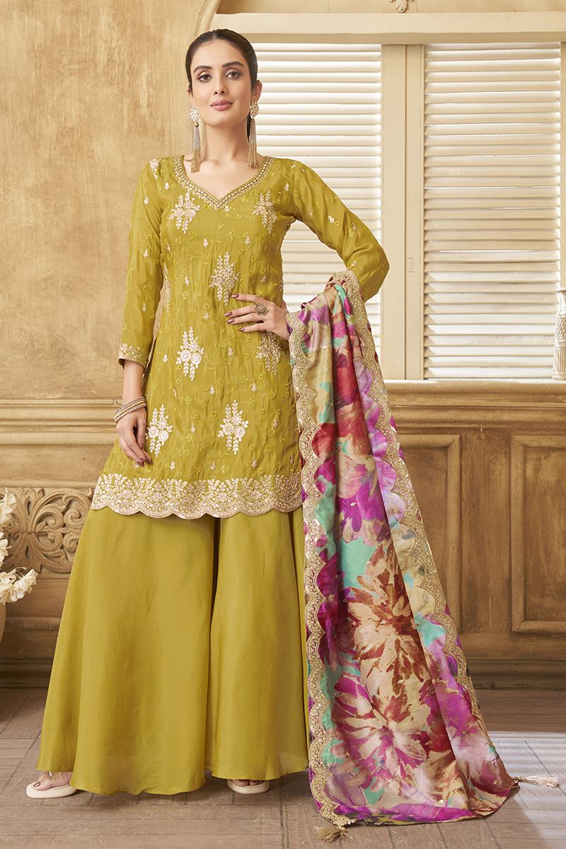 Ethnic Mustard Designer Palazzo Suit for Haldi, Engagement, Reception, Wedding, Festivals, Sangeet, and Parties
