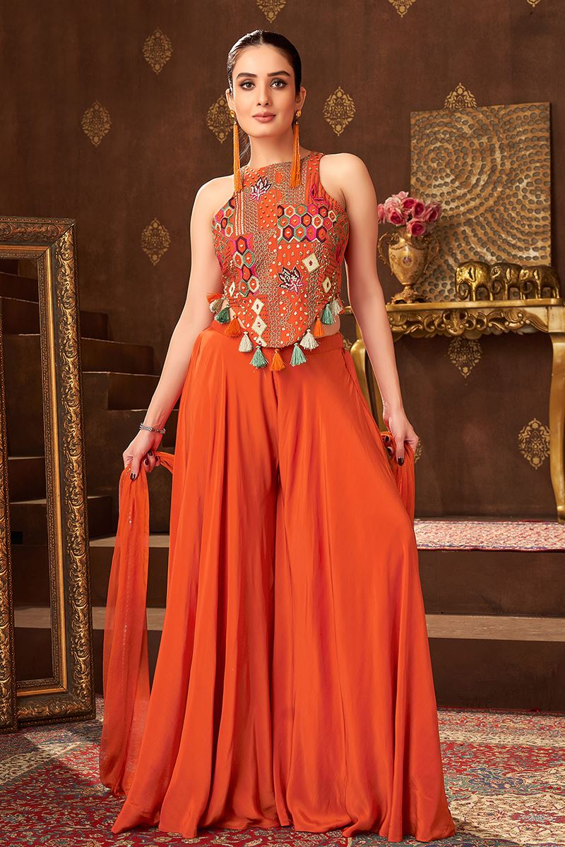 Aesthetic Orange Designer Palazzo Suit for Engagement, Reception, Festivals, Sangeet, and Parties