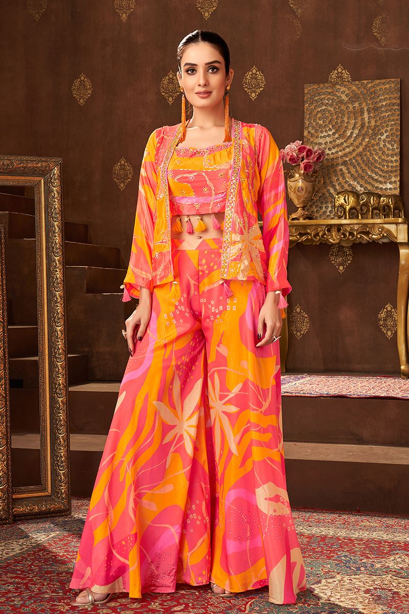Enticing Peach and Orange Designer Palazzo Suit for Engagement, Reception, Festivals, Sangeet, and Parties