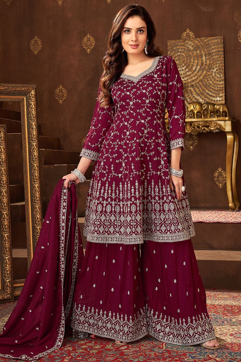 Irresistible Maroon Designer Palazzo Suit for Wedding, Reception, Festivals, Sangeet, and Parties
