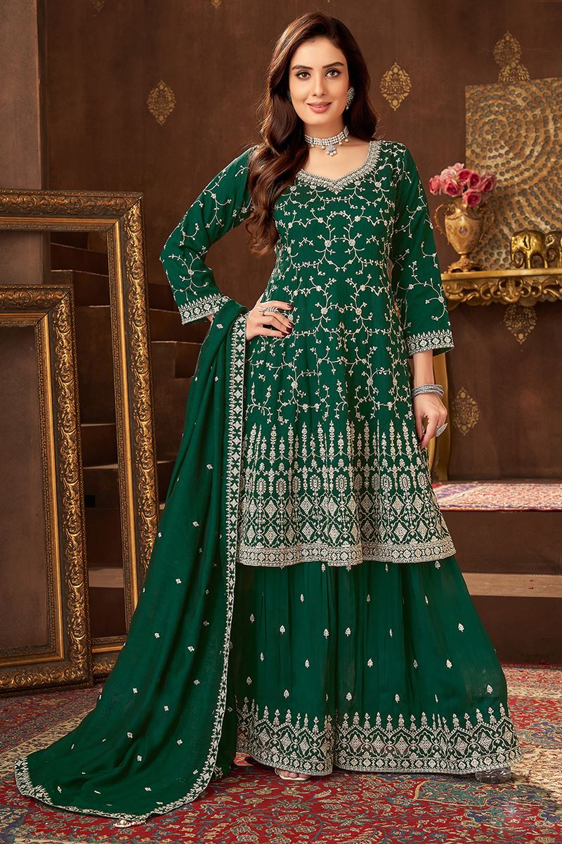 Delightful Dark Green Designer Palazzo Suit for Mehendi, Wedding, Reception, Festivals, Sangeet, and Parties