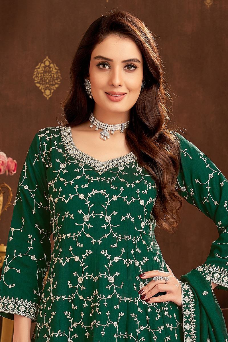 Delightful Dark Green Designer Palazzo Suit for Mehendi, Wedding, Reception, Festivals, Sangeet, and Parties