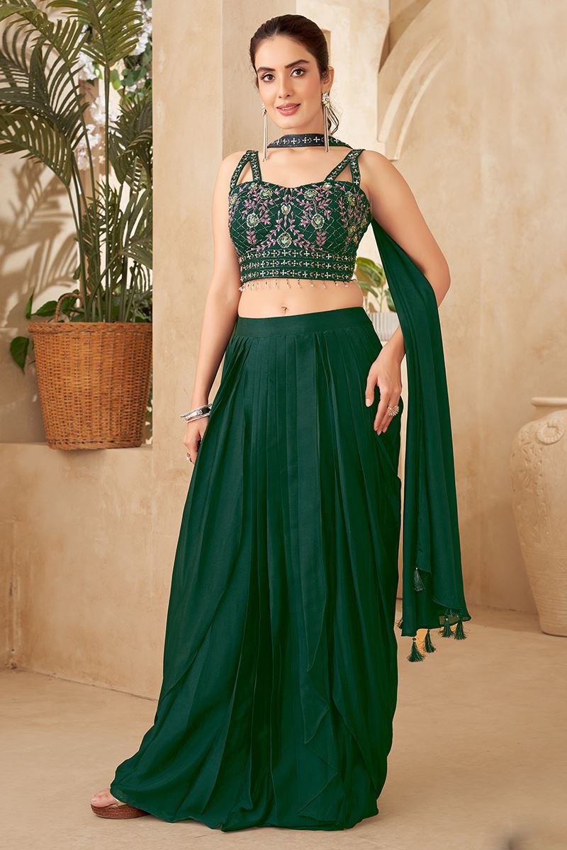 Exuberant Bottle Green Designer Indo-Western Lehenga Choli for Mehendi, Reception, Sangeet, and Parties