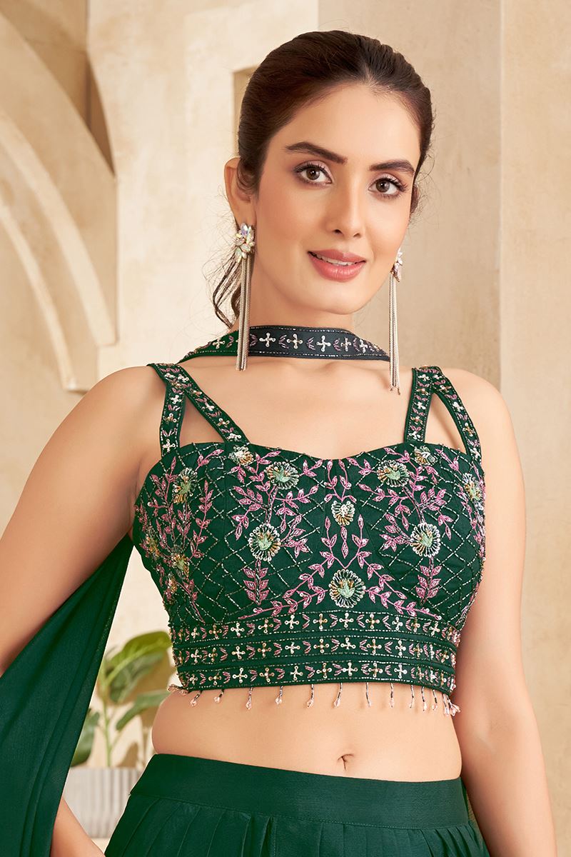 Exuberant Bottle Green Designer Indo-Western Lehenga Choli for Mehendi, Reception, Sangeet, and Parties