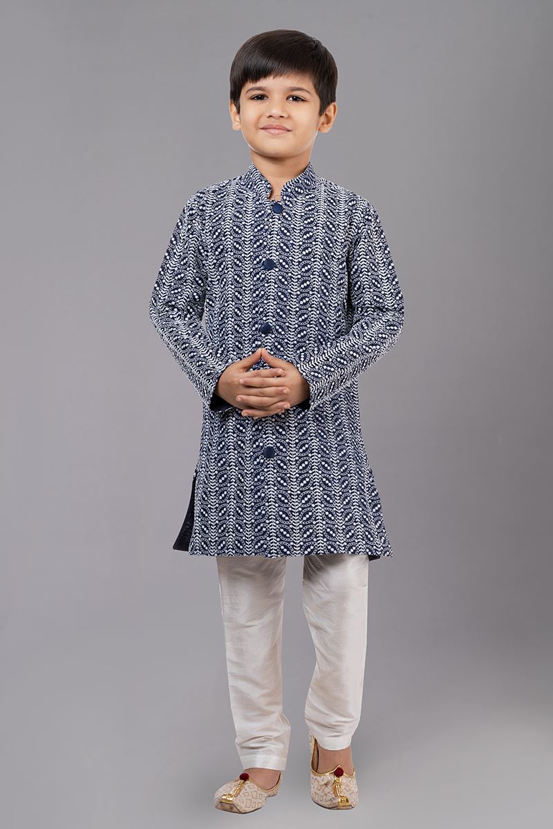 Artistic Navy Blue Designer Kid’s Kurta Pajama for Engagement, Reception, Festivals, Sangeet, and Parties