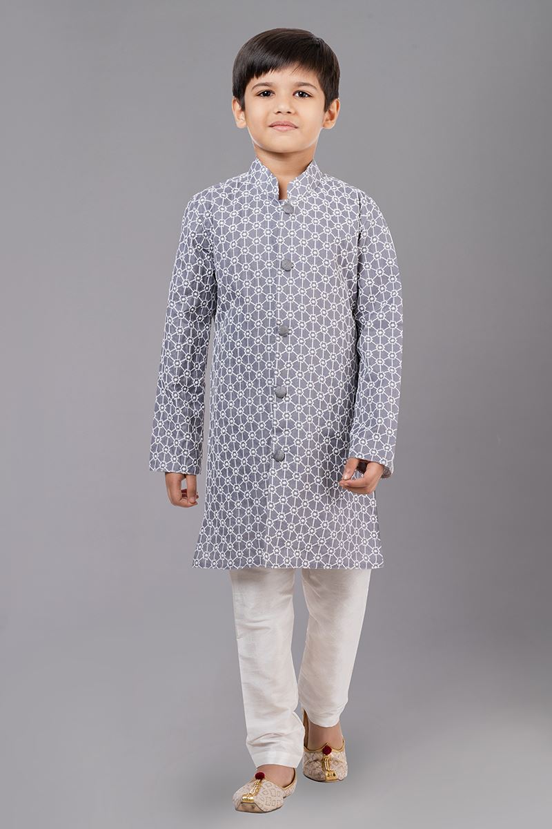 Classy Grey Designer Kid’s Kurta Pajama for Engagement, Reception, Festivals, Sangeet, and Parties