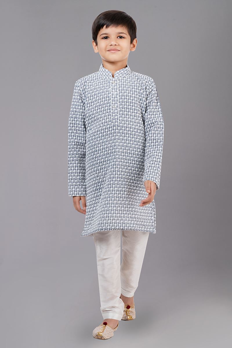 Exuberant Grey Designer Kid’s Kurta Pajama for Engagement, Reception, Festivals, Sangeet, and Parties