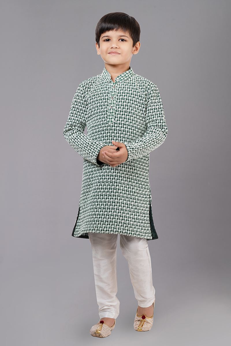 Charming Rama Green Designer Kid’s Kurta Pajama for Engagement, Reception, Festivals, Sangeet, and Parties