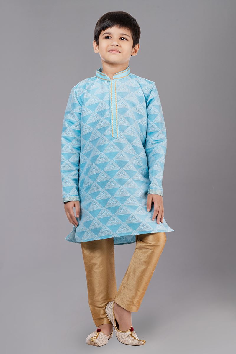 Artistic Sea Green Designer Kid’s Kurta Pajama for Engagement, Reception, Festivals, Sangeet, and Parties