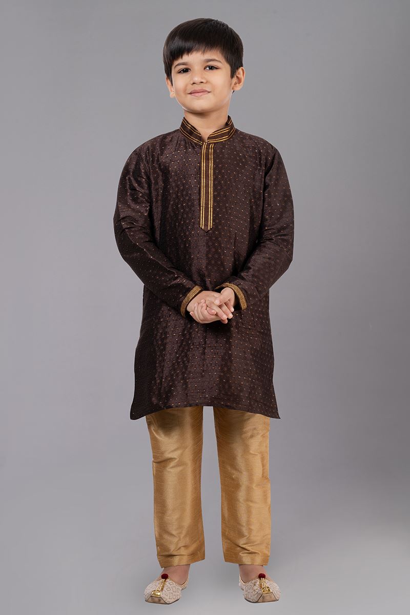 Exuberant Coffee Designer Kid’s Kurta Pajama for Engagement, Wedding, Reception, Festivals, Sangeet, and Parties