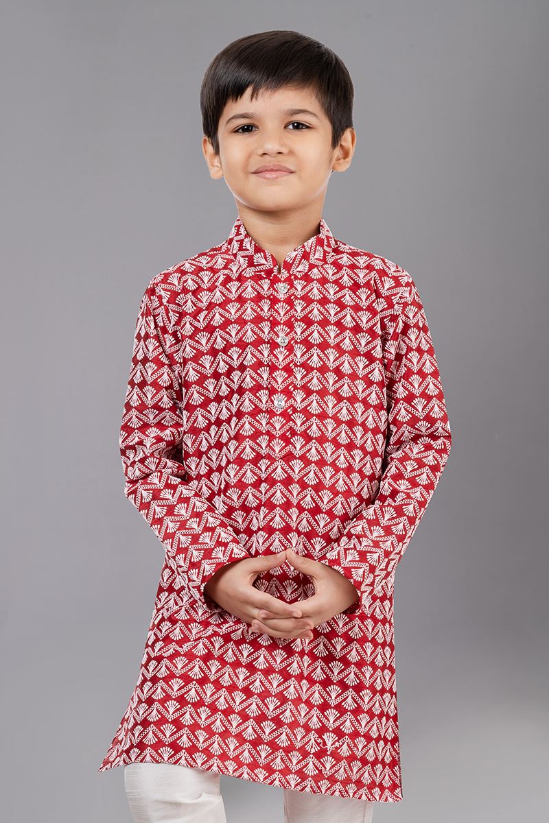 Magnificent Red Designer Kid’s Kurta Pajama for Engagement, Wedding, Reception, Festivals, Sangeet, and Parties