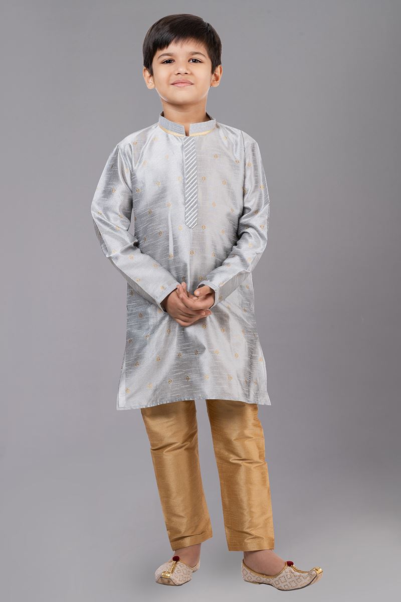 Exquisite Grey Designer Kid’s Kurta Pajama for Engagement, Reception, Festivals, Sangeet, and Parties