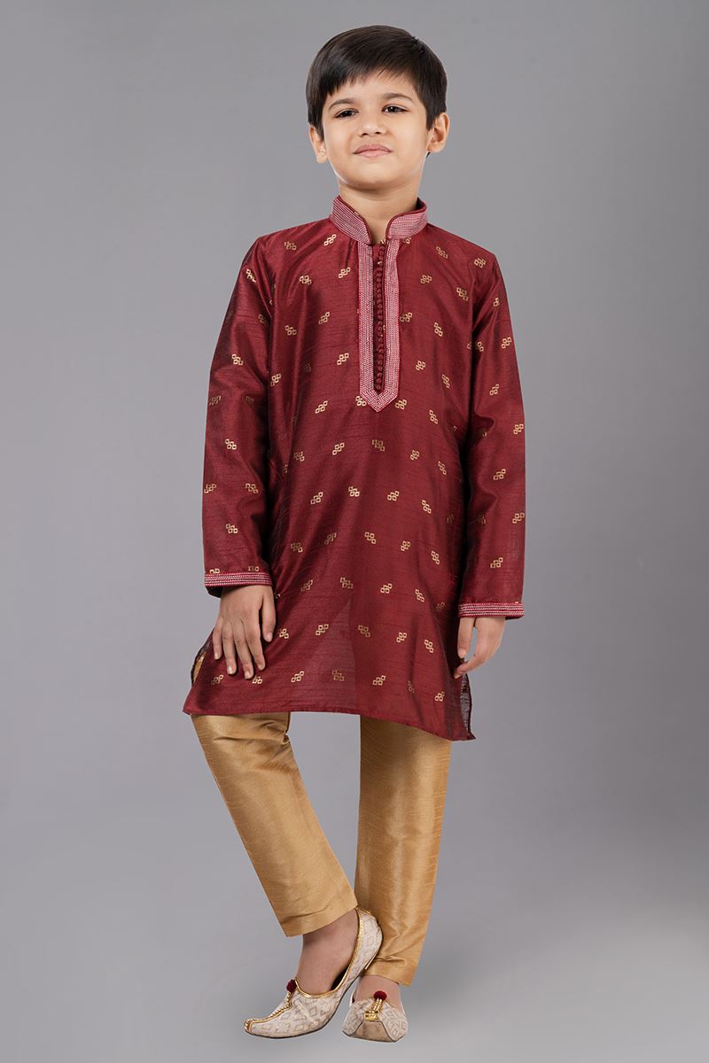 Delightful Maroon Designer Kid’s Kurta Pajama for Wedding, Reception, Festivals, Sangeet, and Parties